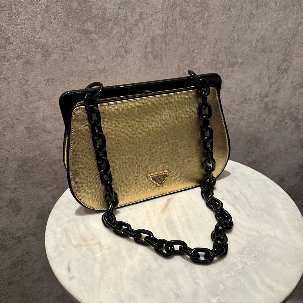 PRADA GOLD METALLIC MADRAS BLACK FRAME CHAIN SHOULDER EVENING FRAME BAG